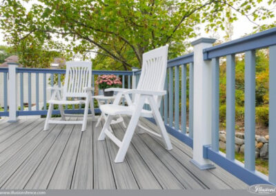 An investment in quality! Patio White posts and 2 shades of Grand Illusions blue blend so well with the synthetic decking material for beautiful installation that will enjoy a nice long life.
