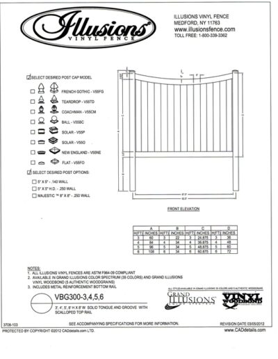 Seen in this image - Illusions Vinyl fence style VBG 300 a T&G privacy panel with scalloped top rail. This panel is available in Classic White Beige and Gray or any of the amazing Grand Illusions Colors or wood grain finishes.