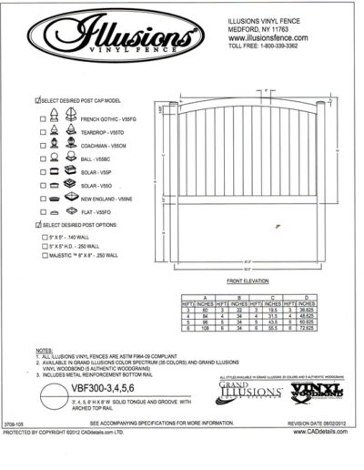 This is an Illusions Vinyl fence style VBF 300 a T&G privacy panel with crowned top rail. This panel is available in Classic White Beige and Gray or any of the beautiful Grand Illusions Colors or wood grain finishes.