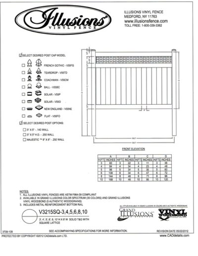 Illusions Vinyl Fence style V3215SQ a T&G privacy panel with square lattice top. This panel is available in all heights, colors and wood grain finishes with matching gates as well.