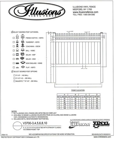 Seen here is an Illusions Vinyl Fence style V3700 a tongue and groove privacy panel has a Open Straight Victorian picket top. It can be ordered with matching gates in all heights, colors and any of the amazing wood grain finishes. All heights are available in the Classic Series colors of as well which are white, beige and gray.