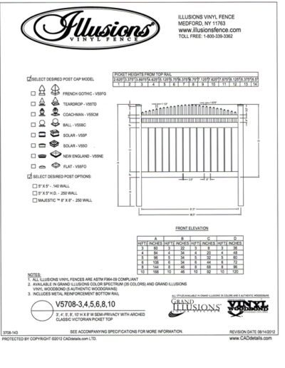 V5708 Style by Illusions Vinyl Fence features a crowned Victorian picket top with 6 inch boards that are spaced 1/2 inch apart. As with all of the other Illusions vinyl products, it can be ordered in the Classic, Grand Illusions Color Spectrum or WoodBond wood grain series.