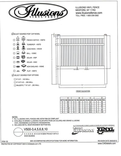 V500 Style by Illusions Vinyl Fence is a Semi Privacy panel wit 3 inch wide boards that have 1/2 inch spacing between. Available in all heights, colors and matching gates.