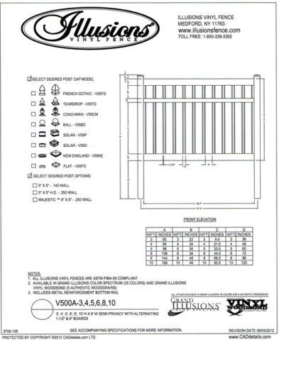 V500A is a Semi Privacy panel bey Illusions Vinyl fence that features 1-1/2 inch wide boards that alternate with 6 inch wide boards that are spaced at approx. 3/8 of an inch apart.