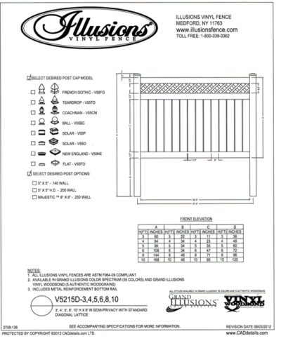 V5215D by Illusions Vinyl Fence is another choice of lattice topped semi privacy panels. Featuring the same 6 inch boad base with 1/2 inch spacing and standar diagonal lattice top. You can order it in any height or finish and matching gates are available too