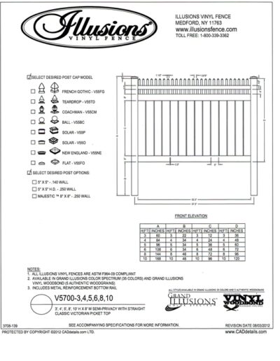 V5700 Style by Illusions Vinyl Fence has a Straight Open Top Victorian picket and 6 inch boards with 1/2 inch spacing between as the base. All Illusions fence styles are available in the amazing Grand Illusions Color or wood grain finishes with matching gates too.