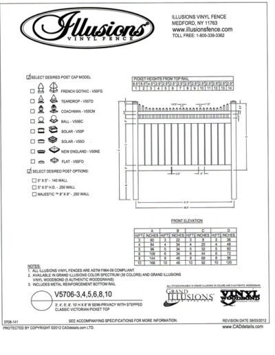 V5706 Style by Illusions Vinyl Fence has a Stepped Victorian picket top and 6 inch boards with 1/2 inch spacing between. All Illusions fence styles are available in the amazing Grand Illusions Color or wood grain finishes. Matching gates can be ordered in the standard 3, 4, 5 and 6 foot widths - custom widths up to 6 feet can be made as well!