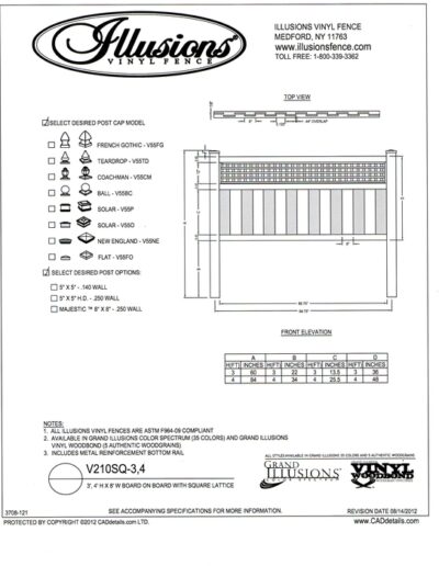 This Board on Board Illusions Vinyl Fence panel with a square lattice top can be ordered in any of the Classic, Grand Illusions Color Spectrum colors or wood grain finishes.