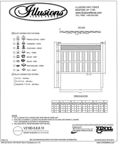 For more privacy, you can use this taller Board on Board Illusions Vinyl Fence panel with a standard diagonal lattice top. Remember, any Illusions product can be ordered in any of the Classic, Grand Illusions Color Spectrum colors or wood grain finishes.