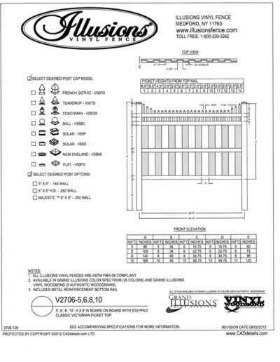 This taller Illusions Vinyl Fence panel stepped Victorian picket top panel can be ordered in any Illusions products, it can be purchased in any of the Illusions colors or wood grain finishes.