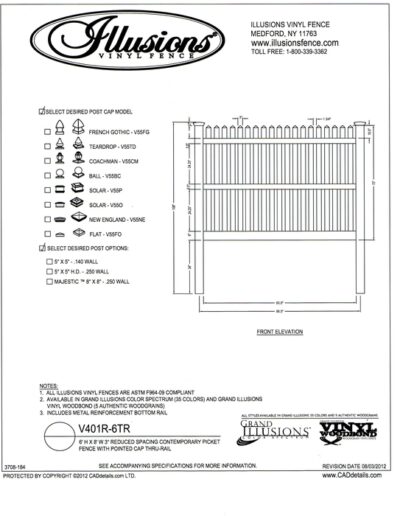 This is a 3 rail, 6 foot tall Illusions Reduced spacing Contemporary vinyl picket fence (7/8x3 inch) with straight top and pointed picket cap. Yes - these sections are available in the Classic, Grand Illusions Color Spectrum ot the WoodBond wood grain finish.