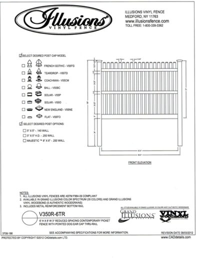 A reduced spacing contemporary picket with straight top and dog eared cap on the 7/8x3 inch picket. Offered by Ilusions vinyl fence, it can be ordered in any of their wide selection of colors.