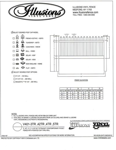 A contemporary spaced picket (7/8x3 inch) picket with a pointed cap and two rails on heights 3 to 5 feet.