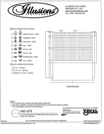 Three rail contemporary 2/8x3 inch picket with a straight top and pointed cap. Made by Illusions fence, you can get this in any of the wonderful Grand Illusions Color or wood grain finishes. Try mixing them up to suit your taste!