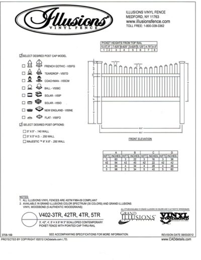 A 7/8x3 inch Illusions cvontemporary picket panel with scalloped top and pointed cap. Two rails are used for heights 3, 42 inch and 5 feet.