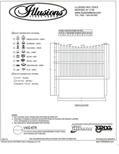 Scalloped contemporary 7/8x3 inch spaced picket fence with 3 rails is 6 feet tall. Illusions vinyl fence offers it in any of their colors.