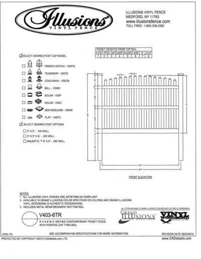 Illusions 3 rail crowned top 6 foot vinyl picket fence at 6 foot tall.