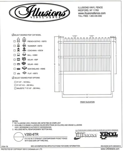 Illusions Vinyl Fence Contemporary picket with straight top and dog eared cap. Three rails are used on 6 foot height.