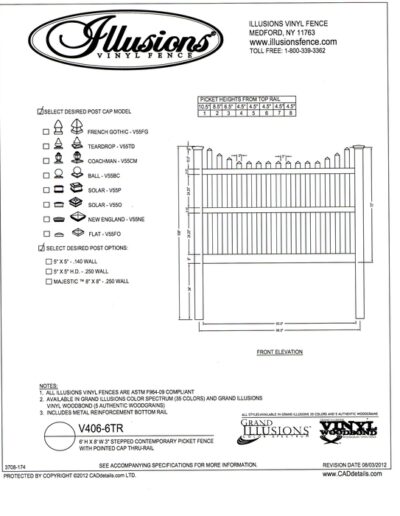 A 3 rail stepped 6 foot tall contemporary picket fence by Illusions. It's available in any Grand Illusions color or wood grain finish.