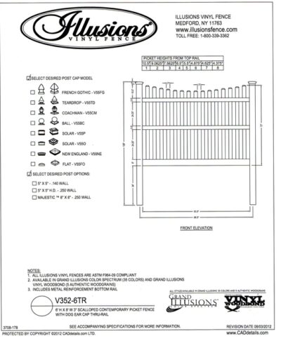 Illusions Vinyl Fence Contemporary picket (7/8x3 inch) with scalloped top and dog eared cap. Three rails are used on 6 foot tall panels.