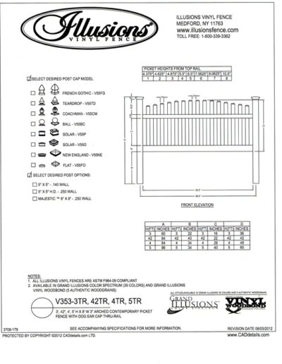 Illusions Vinyl Fence Contemporary picket (7/8x3 inch) with Crowned top and dog eared cap. Two rails are used on 3, 42 inch, 4 and 5 foot heights. All Illusions fence products are available in the Classic, Grand Illusions Color Spectrum ot the WoodBond wood grain finish.