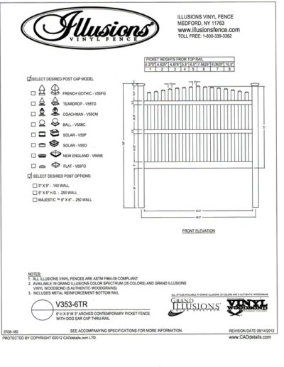 Here's an Illusions Vinyl Fence Contemporary picket (7/8x3 inch) with crowned top and dog eared cap. Three rails are needed on 6 foot tall panels. All Illusions fence products are available in the Classic, Grand Illusions Color Spectrum ot the WoodBond wood grain finish.