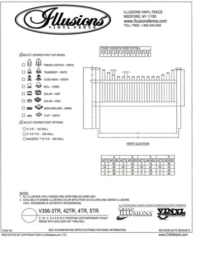 Illusions Vinyl Fence Contemporary picket (7/8x3 inch) with stepped top and dog eared cap. Two rails are used on 3, 42 inch, 4 and 5 foot heights. All Illusions fence products are available in the Classic, Grand Illusions Color Spectrum ot the WoodBond wood grain finish.