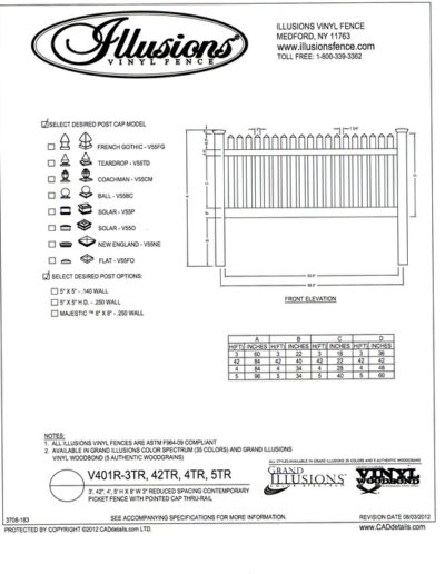 A Contemporary picket (7/8x3 inch) with straight top and pointed picket cap by Illusions Fence. Two rails are used on 3, 42 inch, 4 and 5 foot heights. Yes - these sections are available in the Classic, Grand Illusions Color Spectrum ot the WoodBond wood grain finish.