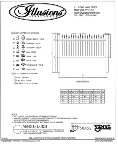 Illusions vinyl Ornamental picket fence with staggered top. Available in all Illusions fence colors and in heights of 3, 42 inch, 4, 52 inch and 5 foot.