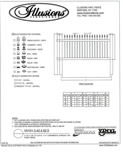 This ornamental picket fence by Illusions a straight open top. It can be ordered in all Illusions fence colors and in heights of 3, 42 inch, 4, 52 inch and 5 foot.