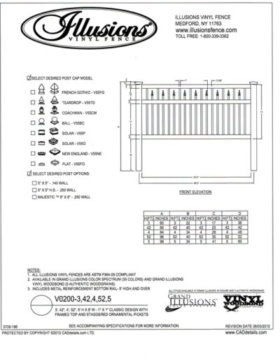 An ornamental picket style that has finial topped pickets between the mid and top rail. This Illusions Vinyl Fence model is sold in heights of 3, 42 inch, 4, 52 inch and 5 foot. Order yours in any of the Grand Illusions colors or wood grain finishes.