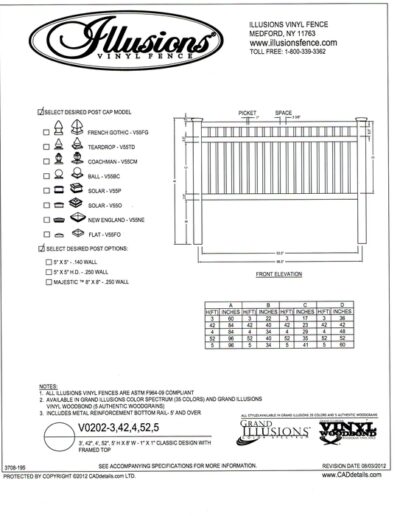 A three rail, closed top vinyl ornamental picket by Illusions. It features 1 inch pickets spaced 3-3/8 inches apart and comes in the whole line of the beautiful Classic, Grand Illusions Color Spectrum or WoodBond wood grain finishes.