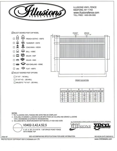 A reduced space vinyl ornamental picket closed top section. The 1 inch square pickets are spaced 1-5/8 inches apart. Just like every other Illusions Vinyl fence product, it is available in a wide array of colors.